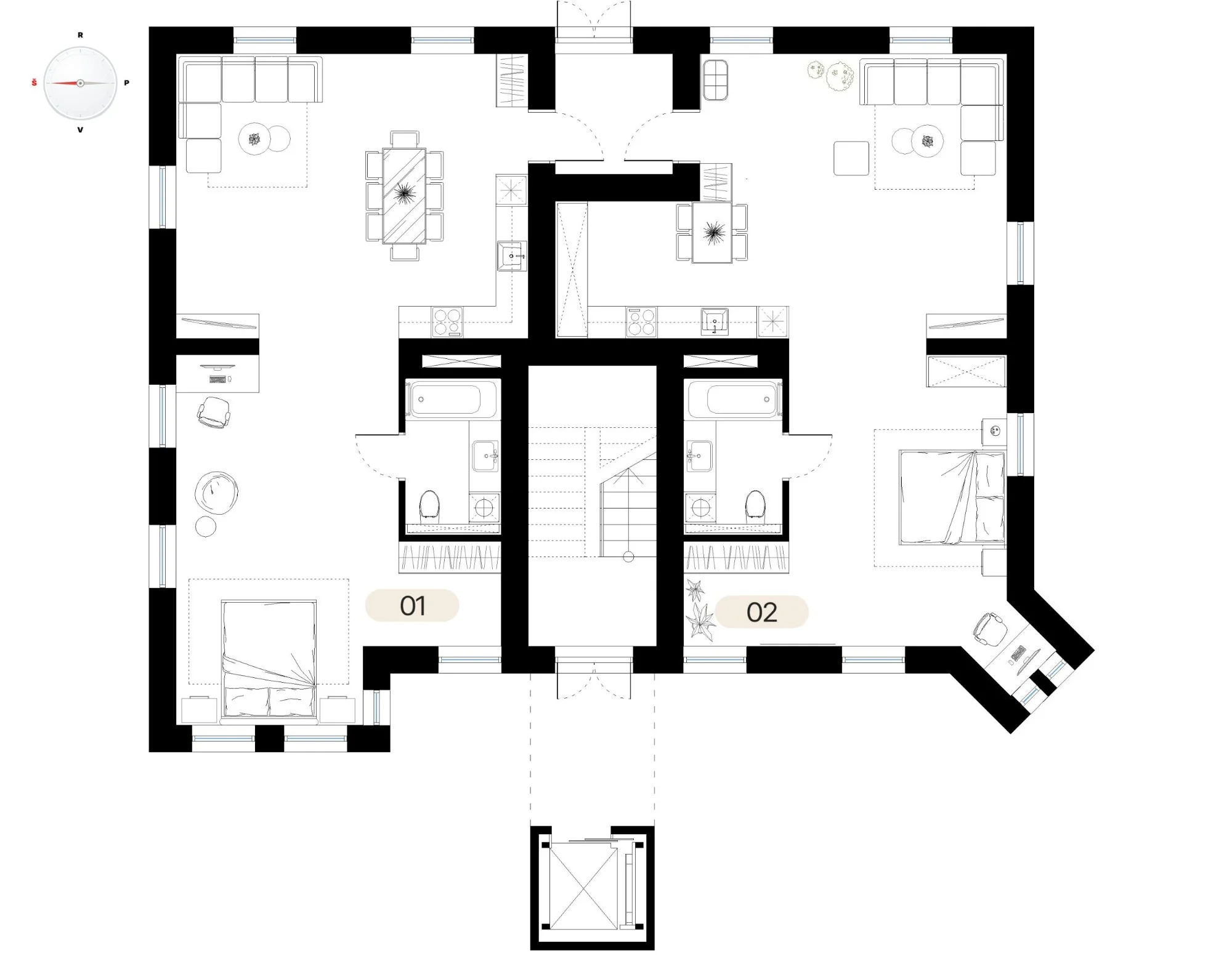 1 aukštas – butų planas